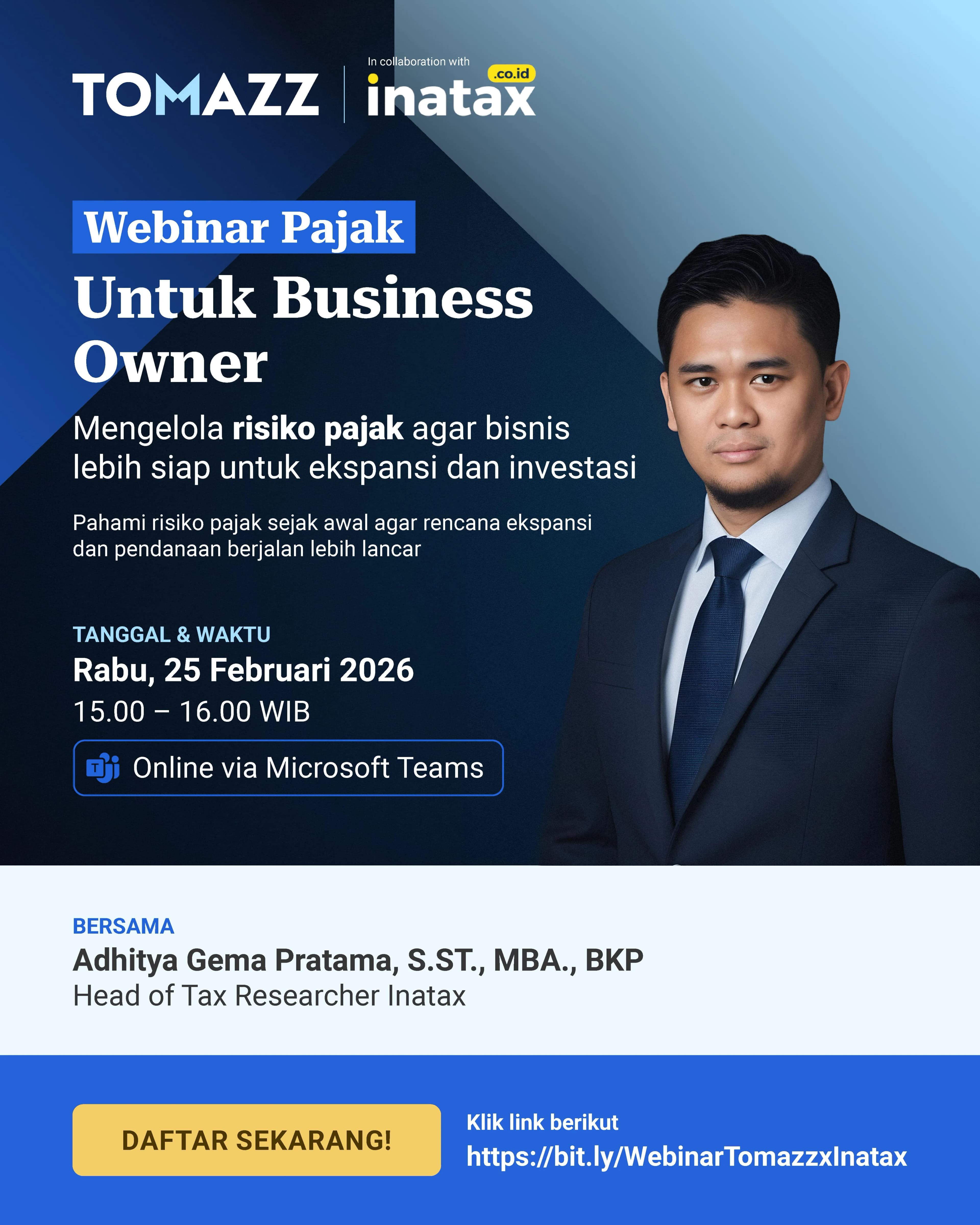 Banner acara: Webinar Mengelola Risiko Pajak agar Bisnis Lebih Siap untuk Ekspansi dan Investasi bersama Inatax